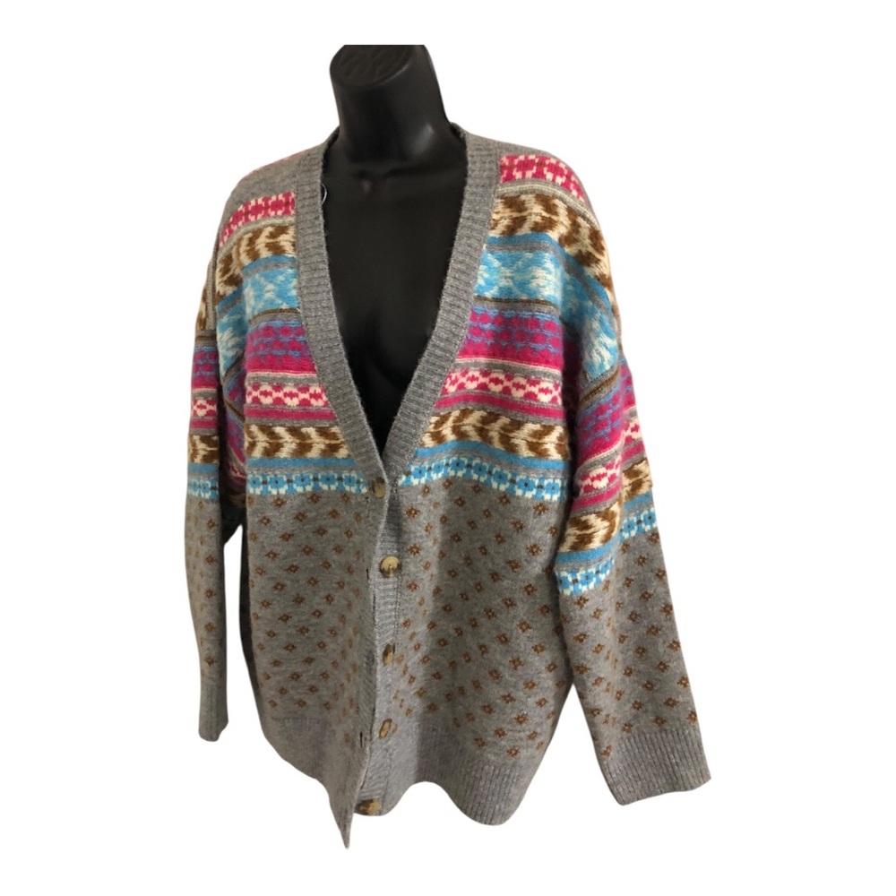 Lucky Brand‎ gray pink multi aztec fair isle look cardigan size large brand new